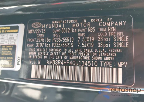 2016 Hyundai Santa Fe Se/Limited from USA, damaged, VIN KM8SR4HF4GU134510